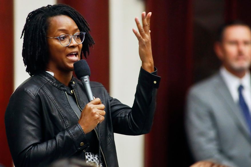 State Rep. Angie Nixon, D-Jacksonville asks a question on the SB 2-A Property Insurance bill, Dec. 14, 2022, in the House of Representatives in Tallahassee, Fla. (AP Photo/Phil Sears, File)