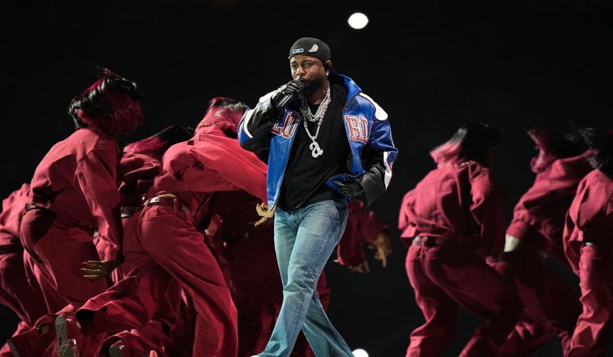 Kendrick Lamar performs during halftime of the NFL Super Bowl 59 football game between the Kansas City Chiefs and the Philadelphia Eagles, Sunday, Feb. 9, 2025, in New Orleans. (AP Photo/Frank Franklin II, File)
