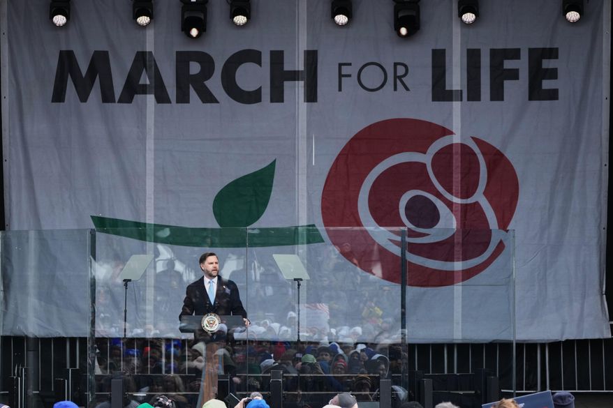 Vice President JD Vance speaks at a rally ahead of the March for Life in Washington, Friday, Jan. 23, 2026. (AP Photo/Stephanie Scarbrough)