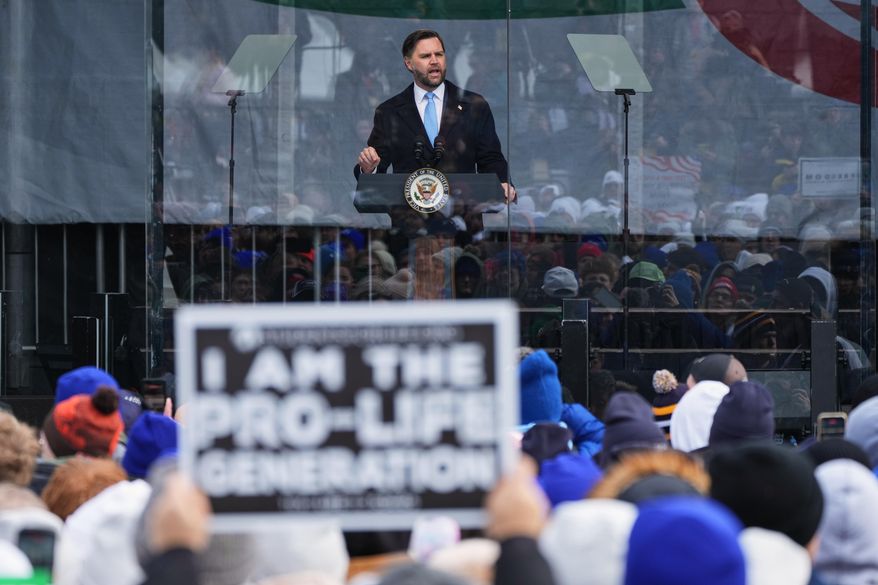 Vice President JD Vance speaks at a rally ahead of the March for Life in Washington, Friday, Jan. 23, 2026. (AP Photo/Stephanie Scarbrough)