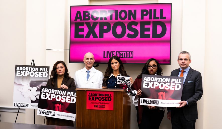 Live Action hosted a Capitol Hill press conference on Jan. 22, 2026, urging the Food and Drug Administration to revoke its approval of mifepristone, one of two pills used in the abortion protocol. From left: former Planned Parenthood clinic director, Mayra Rodriguez; Dr. George Delgado; Live Action President Lila Rose; Shanyce Thomas, who experienced complications from the abortion pill; and Ethics and Public Policy Center President Ryan T. Anderson. (Image courtesy of Live Action)