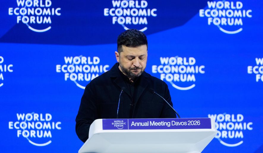 Ukraine's President Volodymyr Zelenskyy delivers a speech at the Annual Meeting of the World Economic Forum in Davos, Switzerland, Thursday, Jan. 22, 2026. (AP Photo/Markus Schreiber)