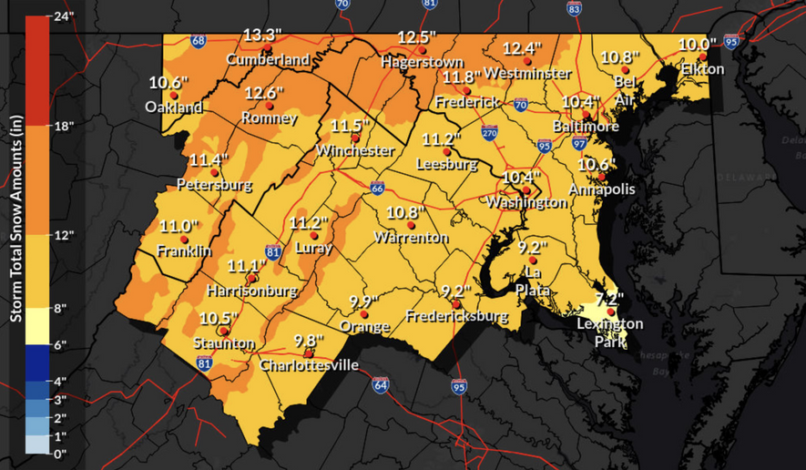 Predicted snowfall totals for weekend winter storm. (Credit: NWS / NOAA)