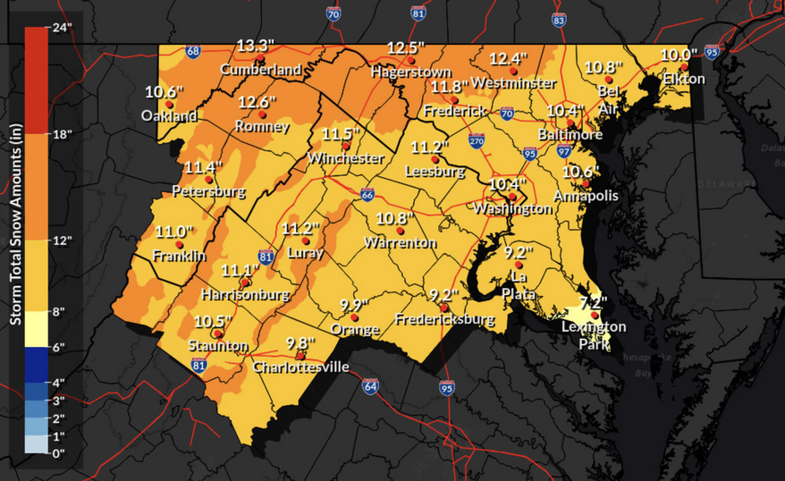Predicted snowfall totals for weekend winter storm. (Credit: NWS / NOAA)