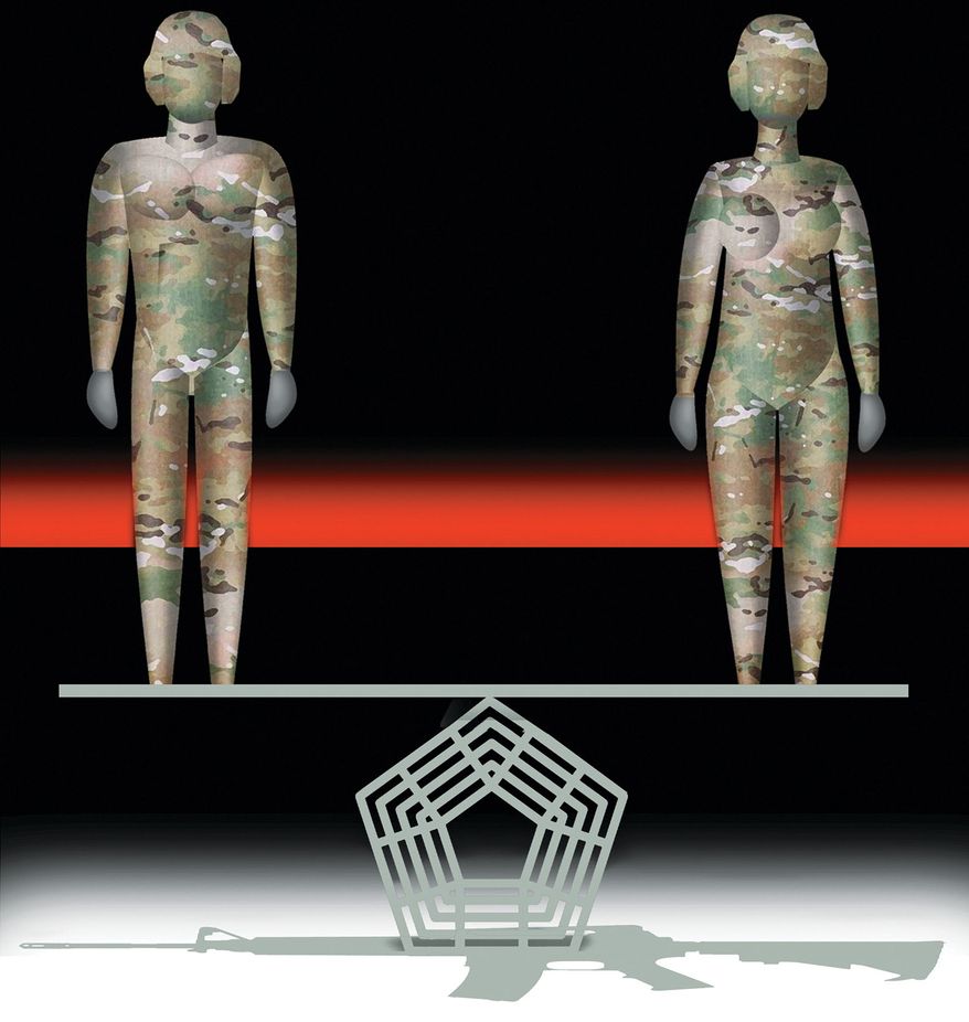 Women serving in the United States military and effectiveness in combat roles illustration by Alexander Hunter/The Washington Times