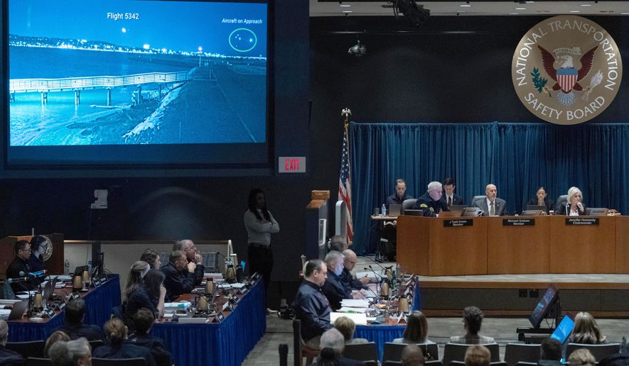 National Transportation Safety Board (NTSB) Chairwoman Jennifer Homendy presides over the NTSB fact-finding hearing on the DCA midair collision accident, at the National Transportation and Safety Board boardroom in Washington, Tuesday, Jan. 27, 2026. (AP Photo/Jose Luis Magana)