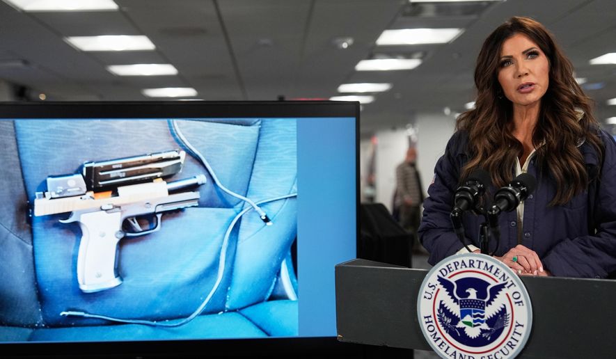 Homeland Security Secretary Kristi Noem speaks about the man in Minneapolis who was killed by a federal immigration officer earlier in the day during a news conference at the Federal Emergency Management Agency headquarters, Saturday, Jan. 24, 2026, in Washington. (AP Photo/Julia Demaree Nikhinson)