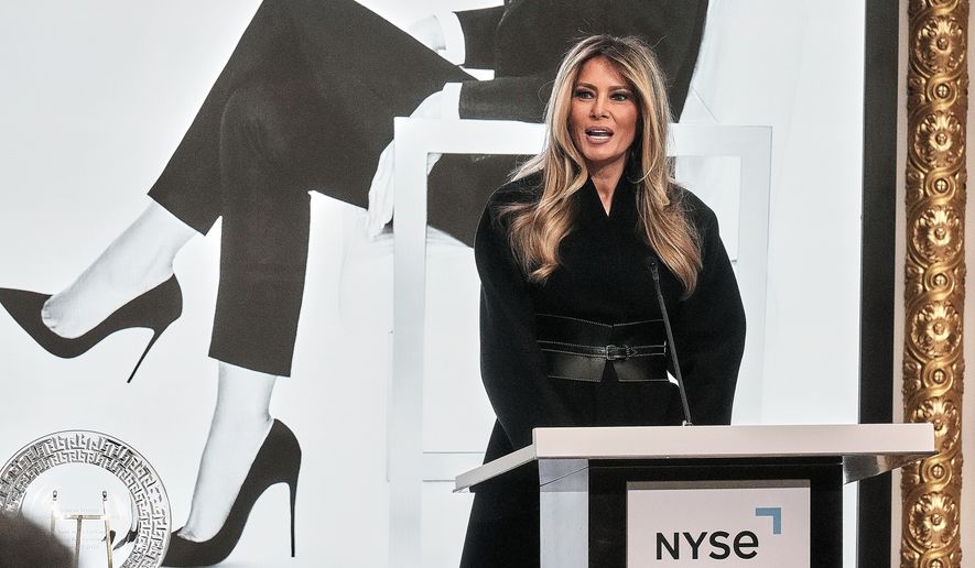 First lady Melania Trump delivers her remarks in the New York Stock Exchange board room before ringing the opening bell, Wednesday, Jan. 28, 2026. (AP Photo/Richard Drew)