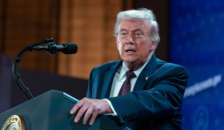 President Donald Trump speaks during the launch of a program known as Trump Accounts at the Andrew W. Mellon Auditorium, Wednesday, Jan. 28, 2026, in Washington. (AP Photo/Jose Luis Magana)