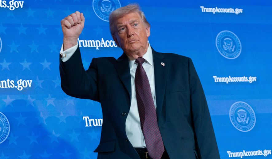 President Donald Trump waves to the crowd after speaking during the launch of a program known as Trump Accounts at Carnegie Mellon Auditorium, Wednesday, Jan. 28, 2026, in Washington. (AP Photo/Jose Luis Magana)