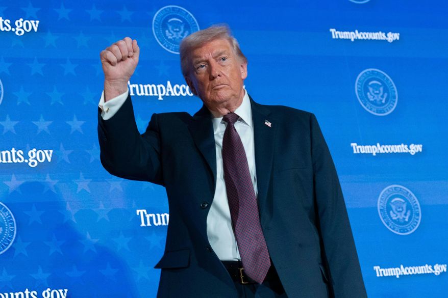 President Donald Trump waves to the crowd after speaking during the launch of a program known as Trump Accounts at Carnegie Mellon Auditorium, Wednesday, Jan. 28, 2026, in Washington. (AP Photo/Jose Luis Magana)