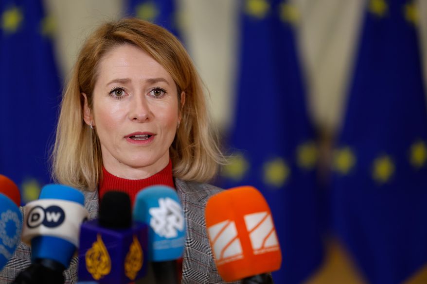 European Union foreign policy chief Kaja Kallas speaks with the media as she arrives for a meeting of EU foreign ministers at the European Council building in Brussels, Thursday, Jan. 29, 2026. (AP Photo/Geert Vanden Wijngaert)