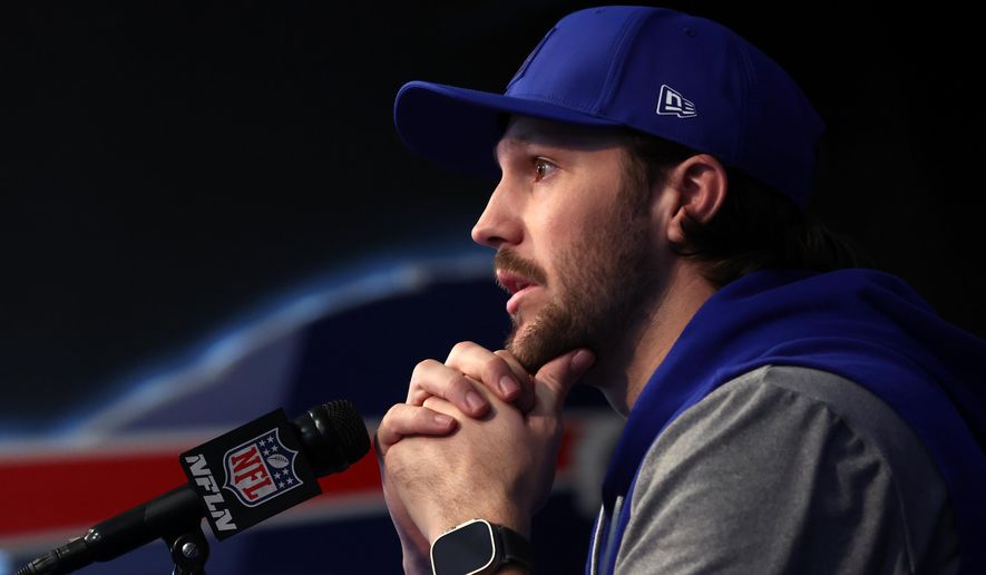 Buffalo Bills quarterback Josh Allen speaks at a NFL news conference in Orchard Park, N.Y., Thursday, Jan. 29, 2026. (AP Photo/Jeffrey T. Barnes)