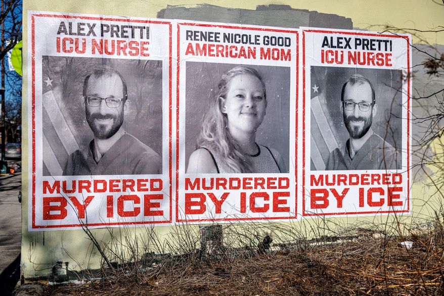 Posters depicting Alex Pretti and Renee Nicole Good are displayed on a wall near the site where Pretti, a 37-year-old ICU nurse, was fatally shot by federal immigration agents, in Minneapolis, Minn., Thursday, Jan. 29, 2026. (Kerem Yücel/Minnesota Public Radio via AP)