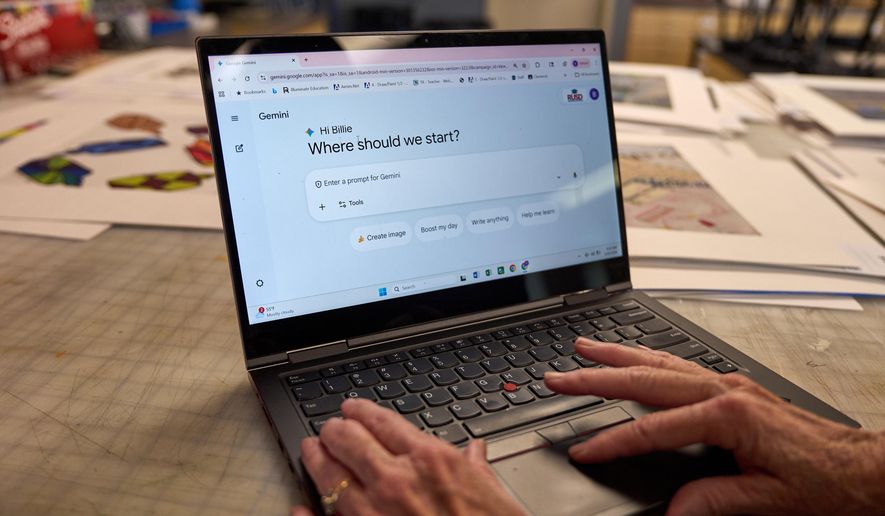 Art teacher Joyce Hatzidakis uses the AI tool Google Gemini in her high school classroom, Thursday, Jan. 22, 2026, Riverside, Calif. (AP Photo/Damian Dovarganes) ** FILE **