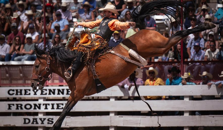 FILE - Brody Cress, of Hillsdale, Wyo., competes in saddle bronc riding during the 129th anniversary Cheyenne Frontier Days Rodeo on Championship July 27, 2025, in Frontier Park Arena. (Milo Gladstein/The Wyoming Tribune Eagle via AP, File)