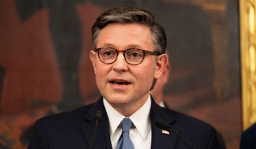 House Speaker Mike Johnson, R-La., speaks to members of the media at the U.S. Capitol, Thursday, Jan. 22, 2026, in Washington. (AP Photo/Allison Robbert)