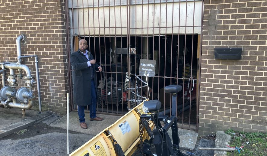 Phil Dawit, managing director of Quasar Real Estate, showed local news cameras on Jan. 12 where he believes members of a homeless encampment vandalized the boiler at the Marylander Condominiums in Adelphi. Half the units have been without heat for nearly seven weeks since the incident took place on the day after Thanksgiving. (Sean Salai/The Washington Times)