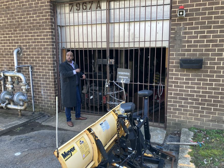 Phil Dawit, managing director of Quasar Real Estate, showed local news cameras on Jan. 12 where he believes members of a homeless encampment vandalized the boiler at the Marylander Condominiums in Adelphi. Half the units have been without heat for nearly seven weeks since the incident took place on the day after Thanksgiving. (Sean Salai/The Washington Times)