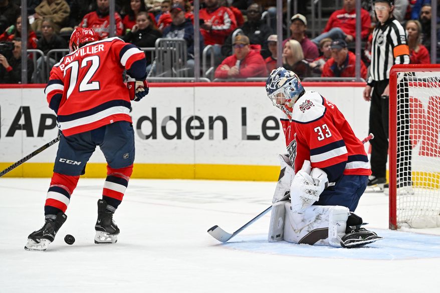 Washington Capitals goalie Clay Stevenson (33) tracking the puck in front of the net after making a save during the second period of an NHL game against the Carolina Hurricanes at Capital One Arena in Washington D.C., January 31, 2026. (Photo for the Washington Times)