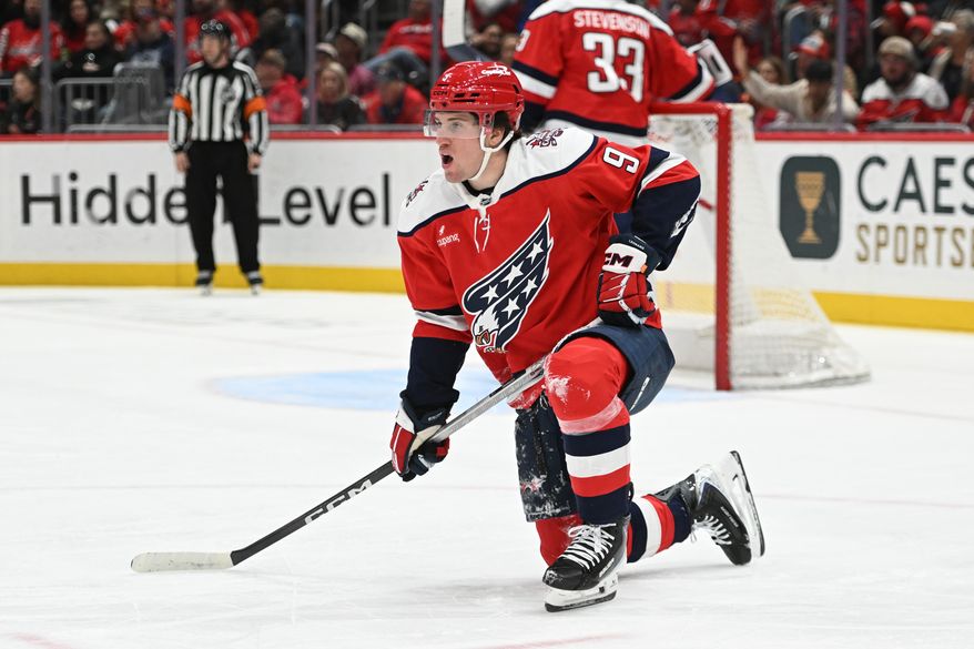 Washington Capitals forward Ryan Leonard (9) getting up after taking penalty during the second period of an NHL game against the Carolina Hurricanes at Capital One Arena in Washington D.C., January 31, 2026. (Photo for the Washington Times)