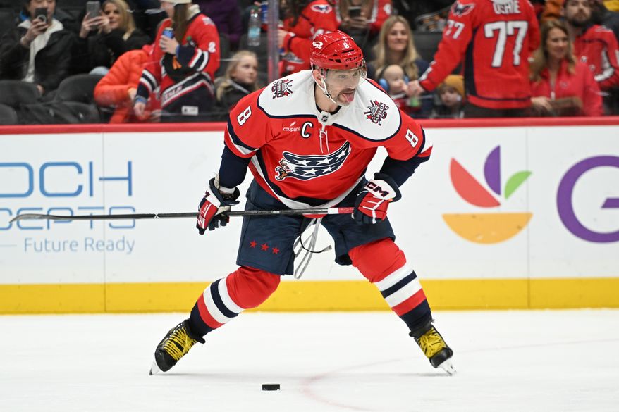 Washington Capitals left wing Alex Ovechkin (8) taking a shot during the third period of an NHL game against the Carolina Hurricanes at Capital One Arena in Washington D.C., January 31, 2026. (Photo for the Washington Times)
