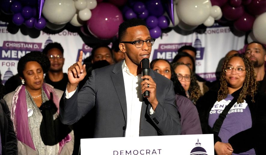 Texas Congressional Candidate Christian Menefee speaks to supporters during his watch party at The Post Houston on Election Day, in Houston, Saturday, Jan. 31, 2026. (AP Photo/ Karen Warren)