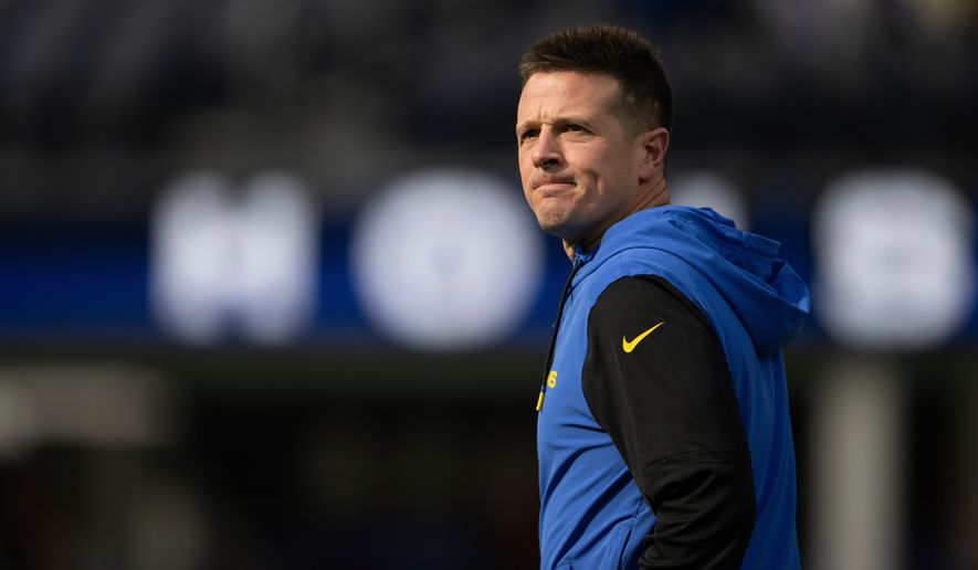 FILE - Los Angeles Rams offensive coordinator Mike LaFleur walks on the field before an NFL football game against the Seattle Seahawks Jan. 5, 2025, in Inglewood, Calif. (AP Photo/Kyusung Gong, File)