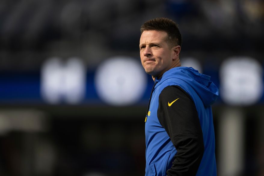 FILE - Los Angeles Rams offensive coordinator Mike LaFleur walks on the field before an NFL football game against the Seattle Seahawks Jan. 5, 2025, in Inglewood, Calif. (AP Photo/Kyusung Gong, File)