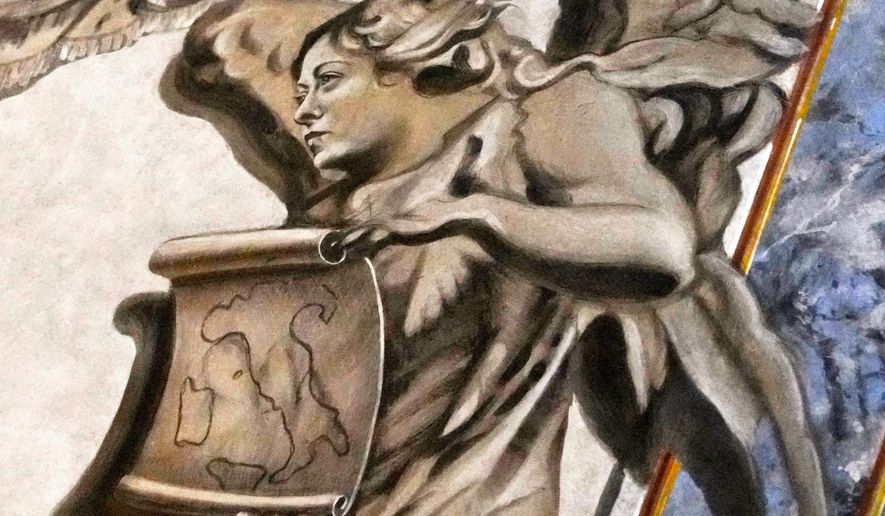 A detail of a restored chapel with Angels depicted on a fresco to the memory of late Italy's King Umberto II inside the Basilica of St. Lawrence in Lucina in Rome, Sunday, Feb. 1, 2026. (AP Photo/Gregorio Borgia)