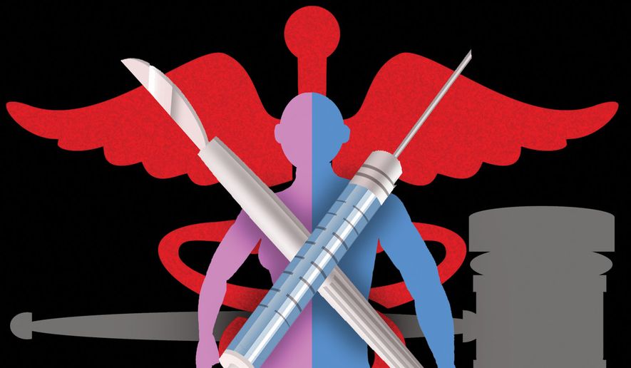 Transgenderism and gender-affirming surgery illustration by Alexander Hunter/The Washington Times