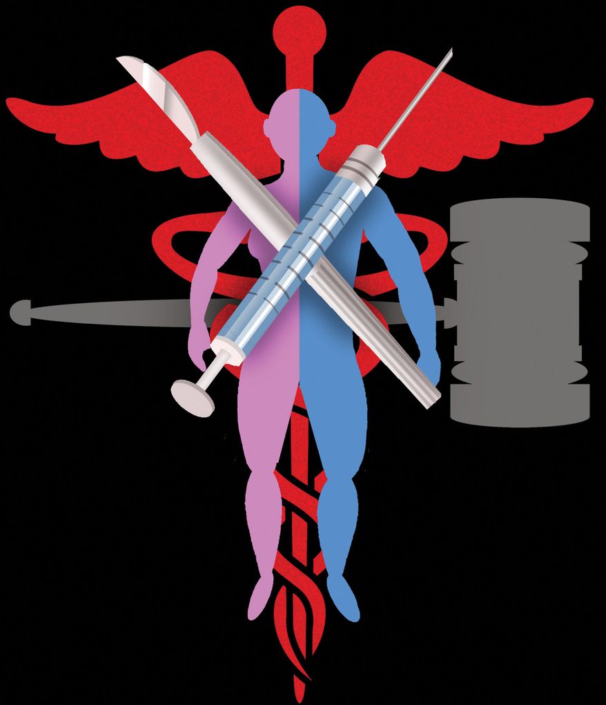 Transgenderism and gender-affirming surgery illustration by Alexander Hunter/The Washington Times