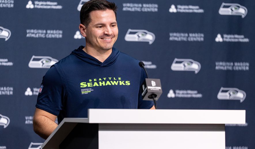Seattle Seahawks head coach Mike Macdonald speaks during an NFL football news conference Friday, Jan. 30, 2026, in Renton, Wash. (AP Photo/Stephen Brashear)