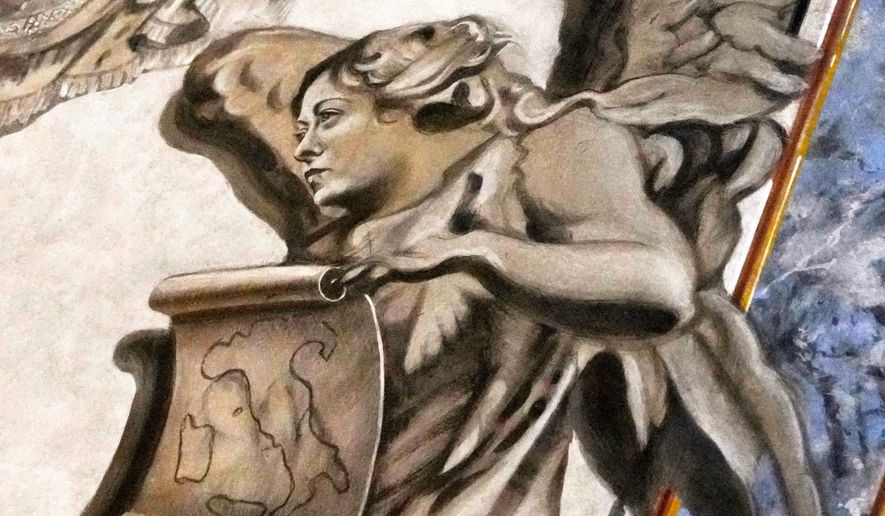 A detail of a fresco inside the Basilica of San Lorenzo in Lucina, in Rome, shows a cherub bearing a striking resemblance to Prime Minister Giorgia Meloni, Sunday, Feb. 1, 2026. (AP Photo/Gregorio Borgia)
