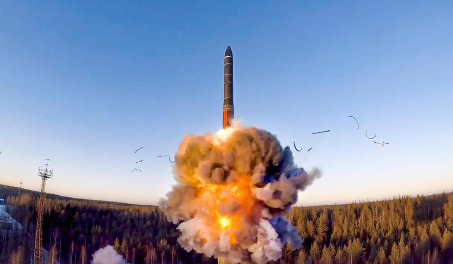 This photo, taken from a video distributed on Dec. 9, 2020, by the Russian Defense Ministry Press Service, shows a rocket launch as part of a ground-based intercontinental ballistic missile test at the Plesetsk facility in northwestern Russia. (Russian Defense Ministry Press Service via AP, File)