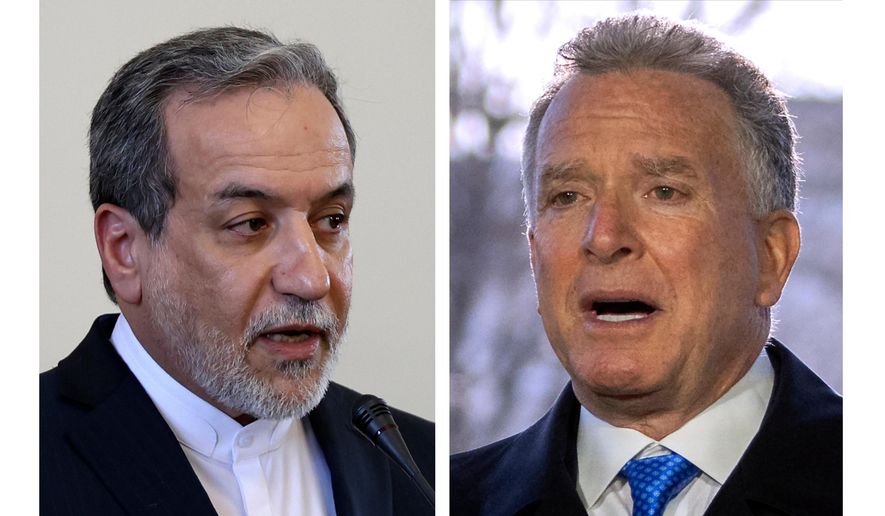 This combo shows Iranian Foreign Minister Abbas Araghchi, left, pictured in Tehran, Iran, on Feb. 25, 2025, and Steve Witkoff, right, White House special envoy, pictured in Washington, on March 19, 2025. (AP Photos Stringer, Mark Schiefelbein) ** FILE **