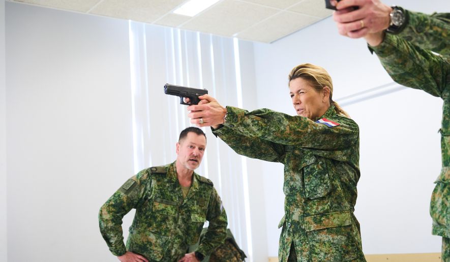 This image provided by the Netherlands Ministry of Defense shows Queen Máxima beginning training as a reservist for the Royal Netherlands Army, Feb. 4, 2026, in Breda, Netherlands. (Phil Nijhuis/Netherlands Ministry of Defense via AP)