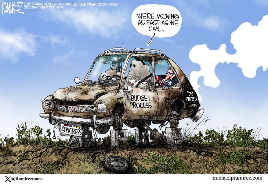 We're moving as fast as we can ... (Illustration by Michael Ramirez for Creators Syndicate)