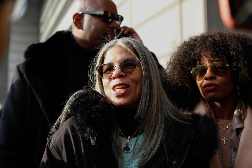 Gretchen Sotoaw, the mother of Eric Duprey, speaks outside the Bronx Criminal Court in New York, Friday, Feb. 6, 2026, after New York police officer Erik Duran who was convicted of manslaughter after he tossed a picnic cooler filled with drinks at a fleeing Duprey, causing him to fatally crash his motorized scooter. (AP Photo/Kena Betancur)