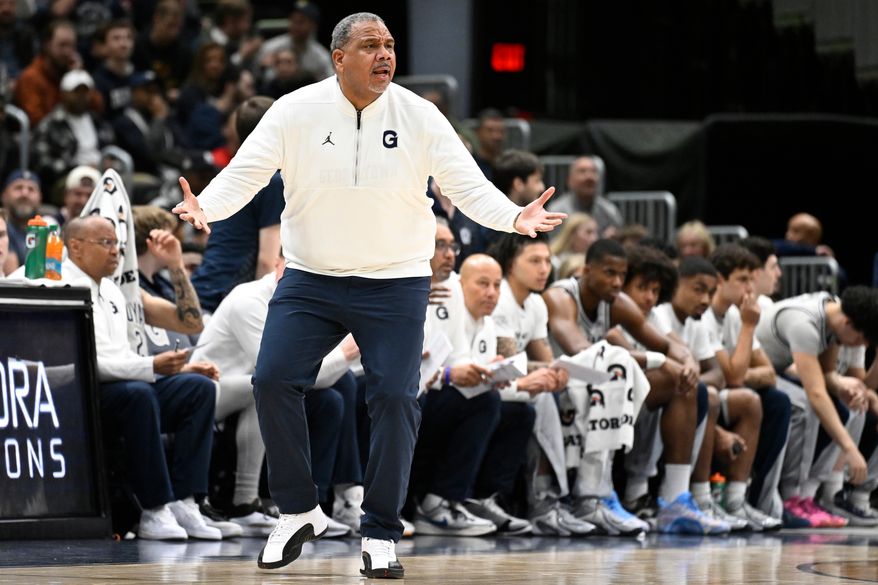 Georgetown Hoyas head coach Ed Cooley questions an officials call during the first half of an NCAA men's basketball game against the UConn Huskies, Saturday, Jan. 17, 2026, in Washington. (AP Photo/John McDonnell) **FILE**