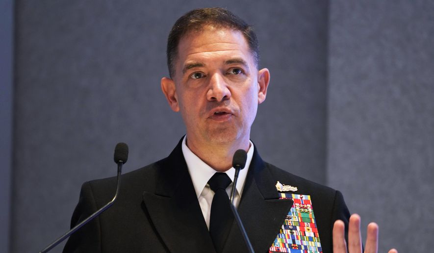 U.S. Navy Vice Adm. Brad Cooper speaks at an event at the International Defense Exhibition and Conference in Abu Dhabi, United Arab Emirates, Feb. 21, 2023. (AP Photo/Jon Gambrell, File)