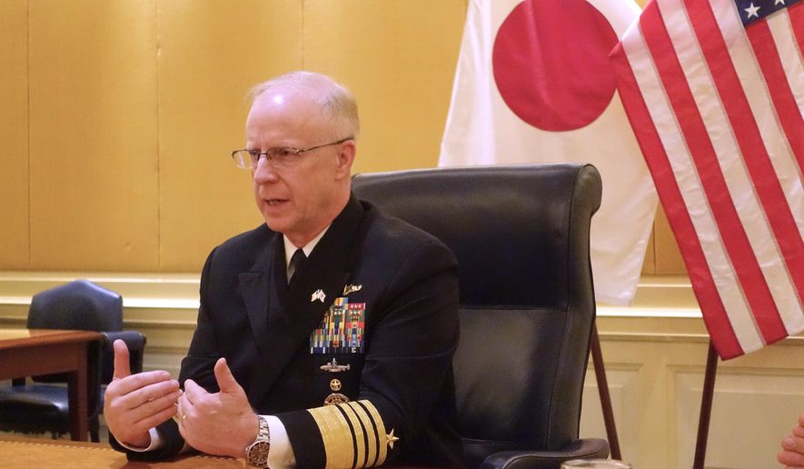 U.S. Chief of Naval Operations, Adm. Daryl Caudle, talks to selected journalists during his visit in Tokyo, Nov. 17, 2025. (AP Photo/Mari Yamaguchi, File)