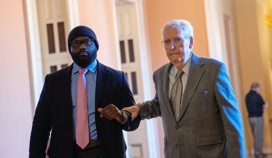 Sen. Mitch McConnell, R-Ky., walks through the Capitol, Thursday, Jan. 15, 2026, in Washington. (AP Photo/Allison Robbert)