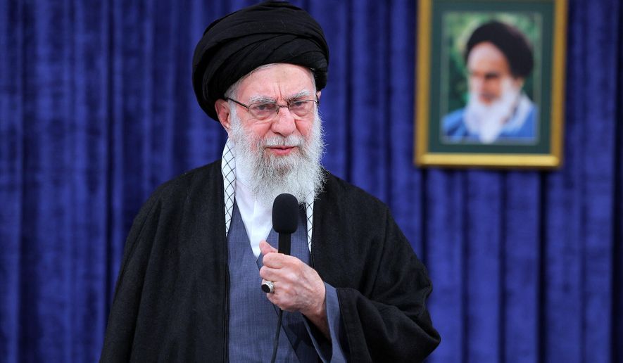 In this photo released on Monday, Feb. 9, 2026, by the official website of the office of the Iranian supreme leader, Supreme Leader Ayatollah Ali Khamenei addresses the nation in a televised speech. (Office of the Iranian Supreme Leader via AP)