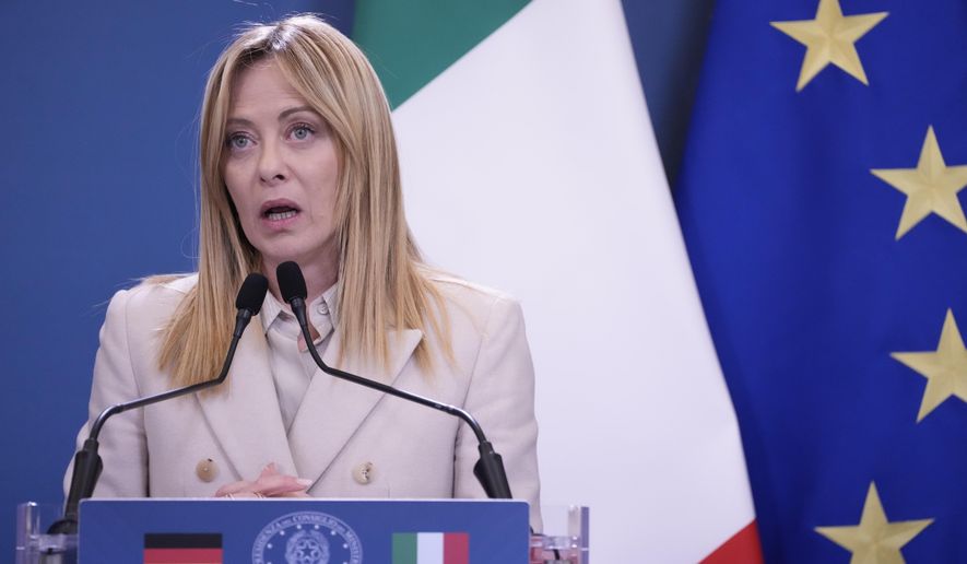 Italian Prime Minister Giorgia Meloni speaks during a news conference at the end of an intergovernmental summit at Villa Doria Pamphilj in Rome, Jan. 23, 2026, to discuss political and economic cooperation. (AP Photo/Gregorio Borgia, File)