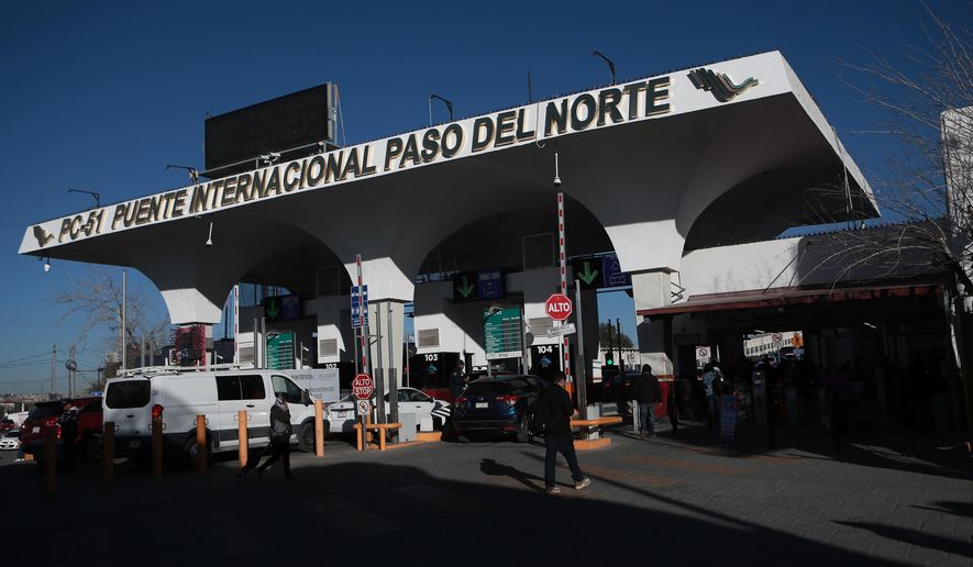 Cars cross the "Paso del Norte" International Bridge at the U.S.-Mexico border, in Ciudad Juarez, Mexico, Wednesday Feb. 11, 2026, on the border with El Paso, Texas. (AP Photo/Christian Chavez)