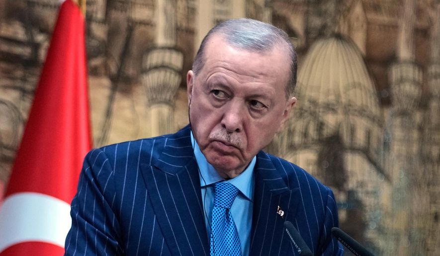 Turkey's President Recep Tayyip Erdogan listens as Somalia's President Hassan Sheikh Mohamud speaks during a joint news conference in Istanbul, Turkey, on Dec. 30, 2025. (AP Photo/Khalil Hamra, File)