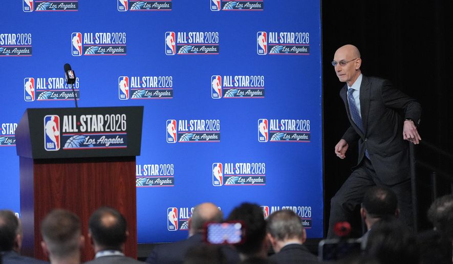 NBA commissioner Adam Silver arrives at a news conference during the NBA basketball All-Star weekend Saturday, Feb. 14, 2026, in Inglewood, Calif. (AP Photo/Jae C. Hong)
