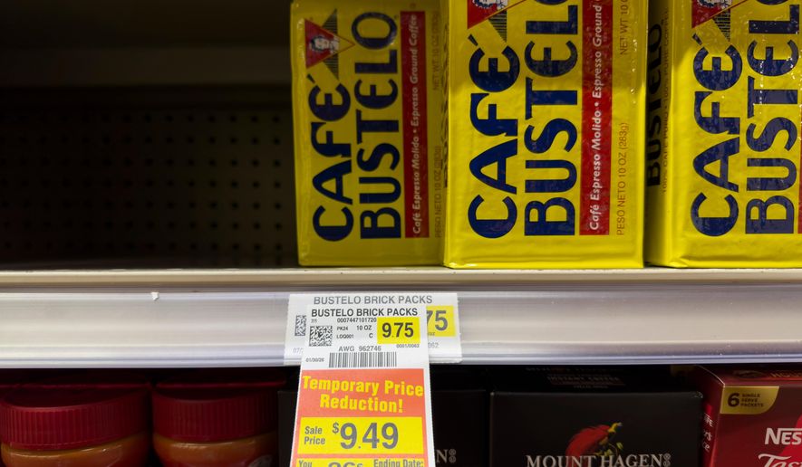 Coffee is for sale at a grocery store Monday, Feb. 9, 2026, in Chicago. (AP Photo/Erin Hooley)