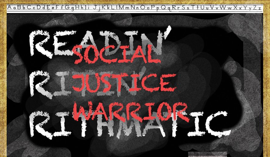 Children turned into woke social justice warriors in the United States of America's schools illustration by Alexander Hunter/The Washington Times